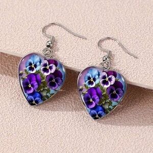 Floral Heart Earrings in Purple and Blue